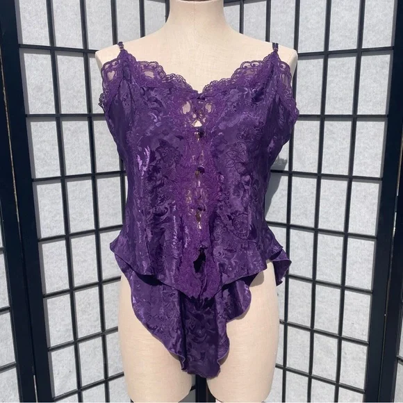 VICTORIA’S SECRET Vintage 80s Gold Label Purple Brocade Lace Pajama Set Lingerie - Picture 3 of 12